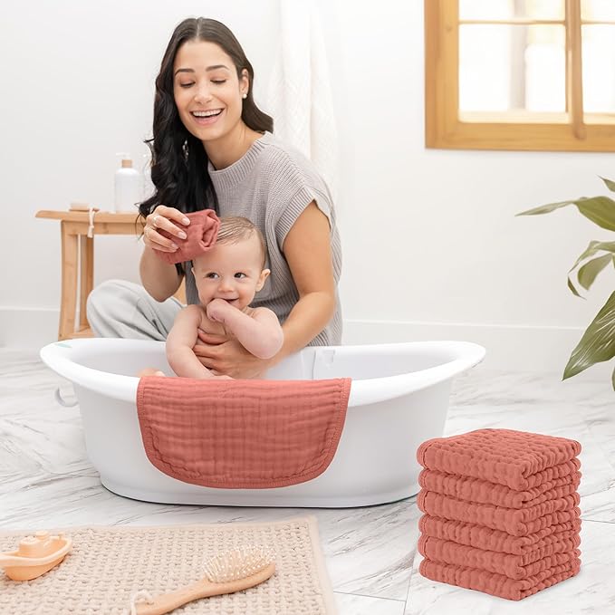 Comfy Cubs Muslin Baby Washcloths 6 Pack - Soft 6-Layer Cotton Wash Cloths for Sensitive Skin - 10"x10" Large, Gentle, Absorbent Infant Essentials for Newborn and Toddlers - Dusty Rose