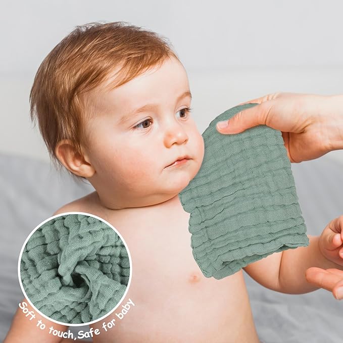Looxii Muslin Baby Washcloths 6 Pack, 100% Cotton Baby Wash Cloths for Baby Face Body, 12x12 inches Large Soft Absorbent Face Towels for Newborns Gradient Green