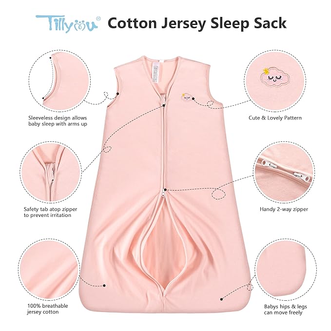 TILLYOU 2 Pack Baby Sleep Sack 18-24 Months 100% Cotton Wearable Blanket 0.5 TOG Sleeveless Summer Sleep Sacks with 2-Way Zipper, Pink Elephant & Cloud
