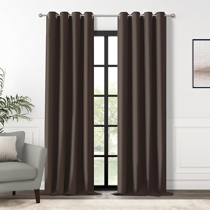 ChrisDowa 100% Blackout Brown Solid Curtains 108 Inches Long 2 Panels for Bedroom Living Room,Farmhouse Room Darkening Thermal Insulated Soundproof Grommet Top Window Treatment Drapes,52x108