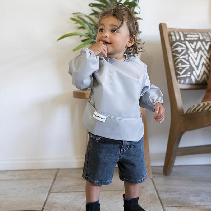 Tiny Twinkle Long Sleeve Bib for Babies & Toddlers | 2-Pack Waterproof Smock Bib for Eating | Machine Washable & Mess-Proof Feeding Essentials | Newborn Shower Gift (Grey Indigo,2-4Y)