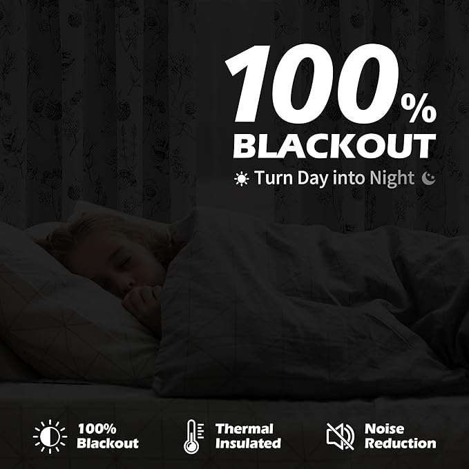 FMFUNCTEX 100% Blackout Floral Curtains 96 Inches Long for Bedroom, Black and White Leaf Drapes for Living Room, Farmhouse Rod Pocket Back Tab Room Darkening Thermal Insulated Window Drapes 2 Panels