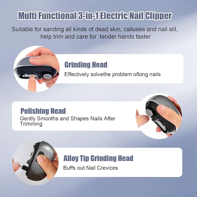 Electric Nail Clipper, Electric Nail Clippers for Seniors & Adults, Baby Automatic Nail Clipper with LED Light & Nail Scraps Storage, 3-in-1 Electric Nail Trimmer for Toenails & Fingernails (White)