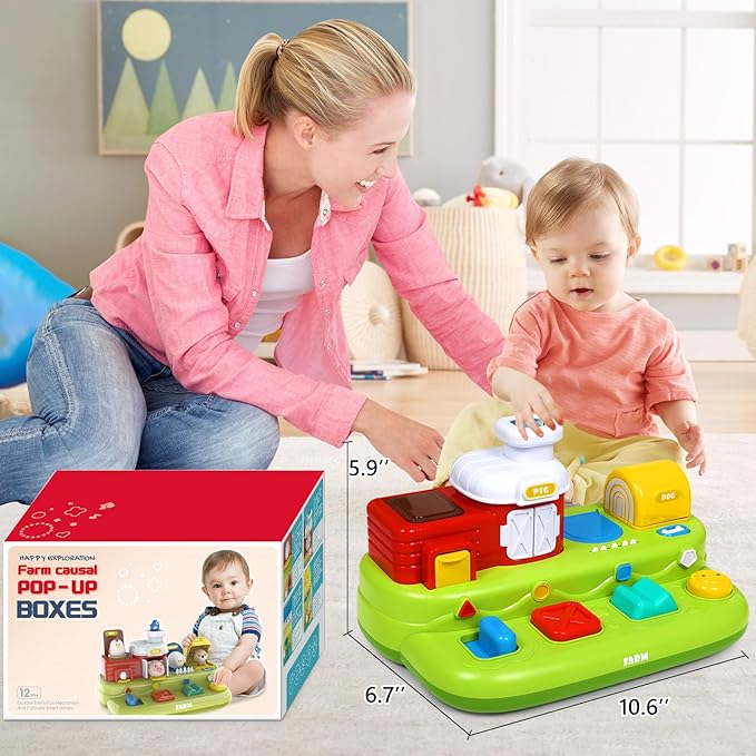 Interactive Pop Farm Animal Up Toys with Music Sounds Montessori Cause and Effect for 1-3 Baby Boy Girl Early Educational Musical Baby Infant STEM Gift 12-18 Months Babies Birthday