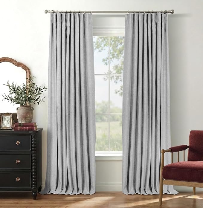 INOVADAY 100% Blackout Curtains for Bedroom, Black Out Curtains 108 Inch Long, Clip Rings Linen Blackout Drapes, Thermal Insulated Room Darkening for Living Room, 2 Panels - Grey,W50xL108