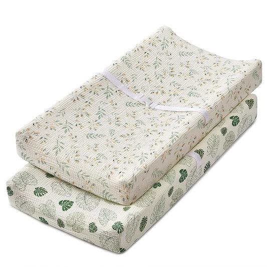 Blissful Diary Muslin Changing Pad Cover for Girls Boys, Ultra Soft Breathable Cotton, Baby Diaper Change Table Pad Covers, 2Pack (Leaf & Monstera Leaves)