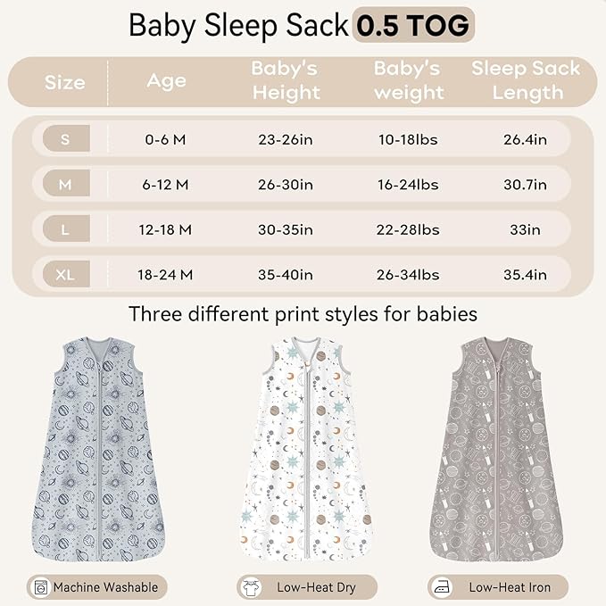 Unnivoll Baby Sleep Sack 0-6 Months 3 Pack 100% Cotton Lightweight 0.5 TOG Wearable Blanket Baby Sleep Bag with 2-Way Zipper for Newborn Infant White Gray Blue Space