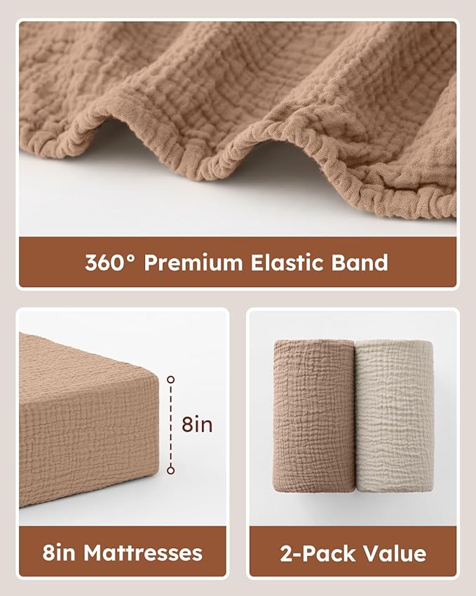 Muslin Crib Sheets for Boys Girls, 100% Cotton Fitted Crib Sheet 2 Pack for Standard Crib and Toddler Mattress, Breathable Soft Baby Sheet 28x52x8in Beige & Brown