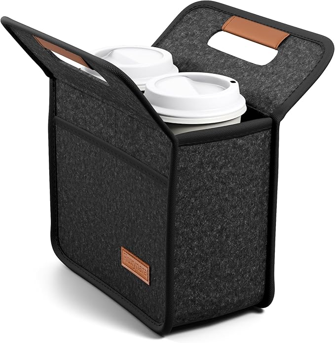 Fluxynara 2-Cup Reusable Felt Drink Carrier with Handle and Adjustable Shoulder Strap, Drink Holder for Car, Multi-Cup Drink Carrier Bag for Delivery, Travel, Picnics (Charcoal Gray)