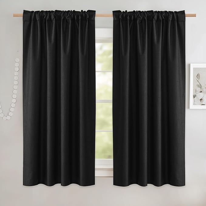 NICETOWN Black Truly Blackout Linen Blend Flax Drapes for Office, Vintage Back Tab 100% Blackout Curtains with White Liner Backing for Kitchen Dorm Window（Set of 2, 52" Wide x 63" Long