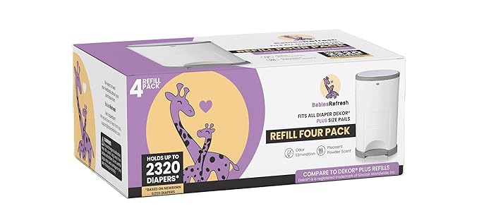Refills Compatible with DEKOR PLUS Diaper Pail Refills | 4 Pack | Diaper Pail Odor Eliminator| Fresh Powder Scent | Each Diaper Bag Refill Holds up to 2320 Diapers | Diaper bin refill
