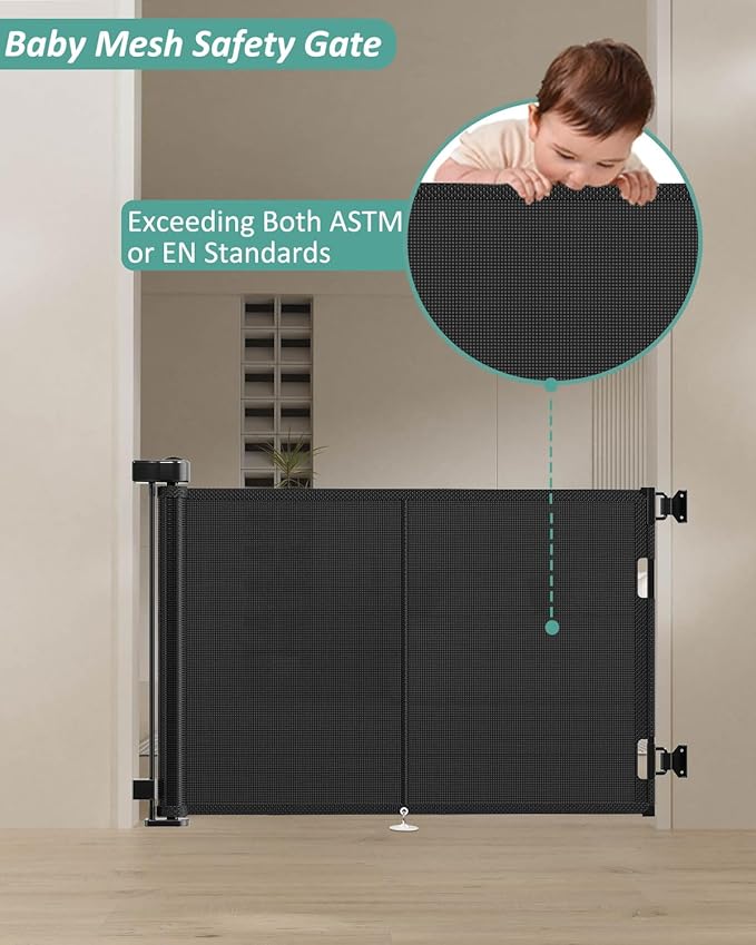 59 inch Retractable Baby Gates 34 inch Tall, Retractable Gate with Reinforced Strip Design to Prevent Crawling Through, 5 FT Retractable Dog Gate for Stairs, Doorways, Hallways, Indoor/Outdoor