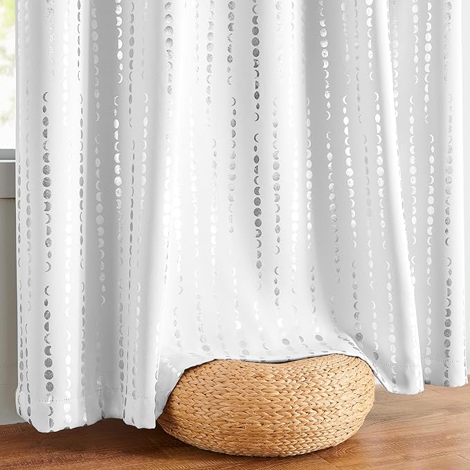 jinchan 95% Blackout Bohemian Moon Phase Print Bedroom Curtains 90 Inch Length 2 Panels Silver Curtain on White Background Pole Mouth Rear Label Thermal Curtains for Nursery