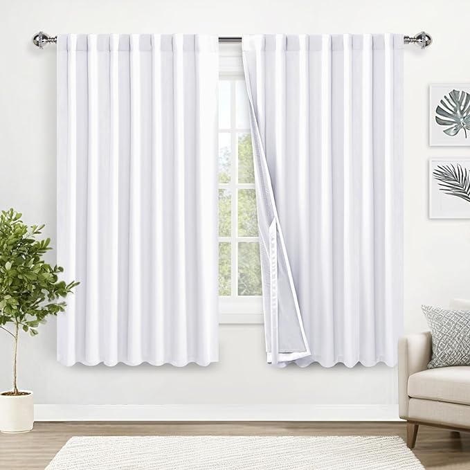 XWZO 100% Blackout Curtains 63 Inches Long - Rod Pocket & Back Tab Noise Reducing & Energy Efficiency Extra Wide Window Draperies with Black Liner for Bedroom/Living Room, White, W60 x L63, Set of 2