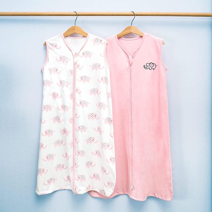 TILLYOU 2 Pack Baby Sleep Sack 18-24 Months 100% Cotton Wearable Blanket 0.5 TOG Sleeveless Summer Sleep Sacks with 2-Way Zipper, Pink Elephant
