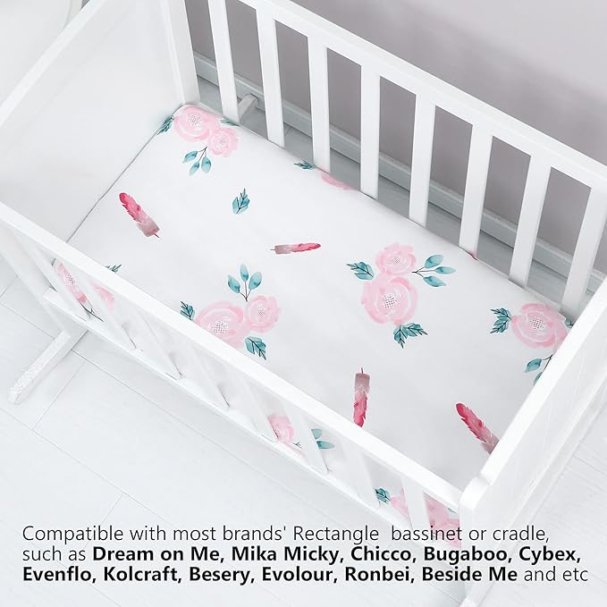 TILLYOU Baby Bassinet Sheets for Girls Boys 2 Pack Baby Sheets for Square Rectangle Oval Bassinet Mattress 33X16 Inch, Floral Flowers