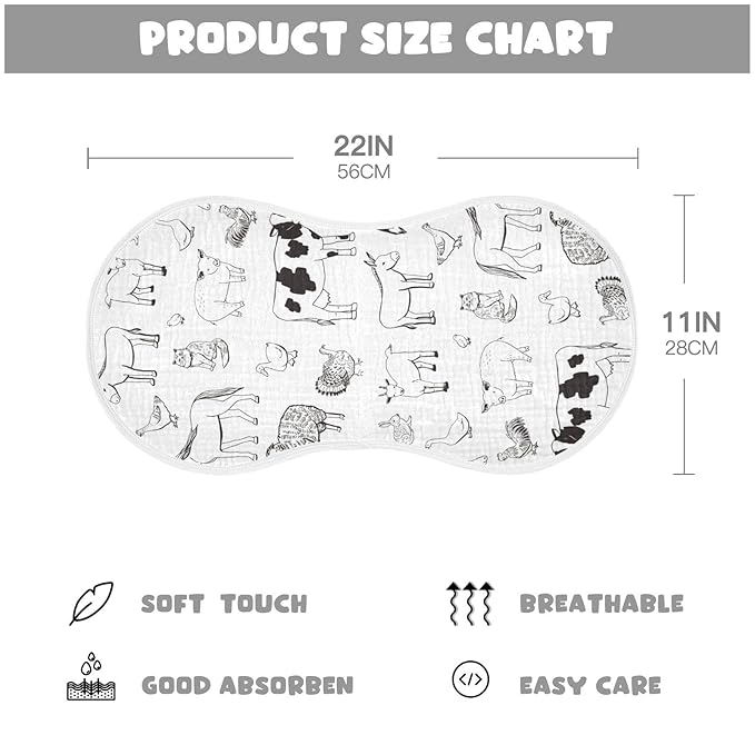 WELLDAY Muslin Baby Burp Cloths Set of 1, Soft Absorbent Farm Animals Muslin Washcloths, Bibs, Face Towel for Newborn Boys Girls, 22 x 11 Inch