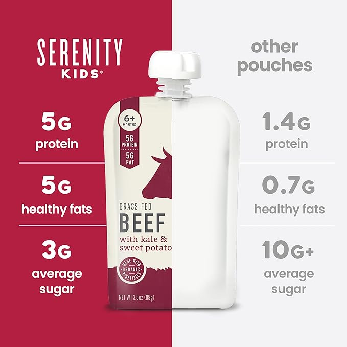 Serenity Kids 6+ Months Baby Food Pouches - Grass-Fed Beef Puree & Organic Sweet Potatoes - Protein Pouches for Toddler Snacks - Recyclable BPA-Free Packaging for Baby Snacks - 3.5 Oz, 6 Pack