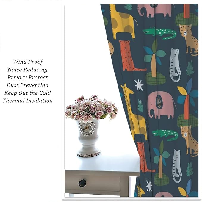 Kids Blackout Curtains,Blackout Curtains Jungle with Funny Animals Giraffe Elephant Tiger Leopard Crocodile for Bedroom/Living Room/Foyer/Dining Window Drapes 72x63inch(183x160cm)