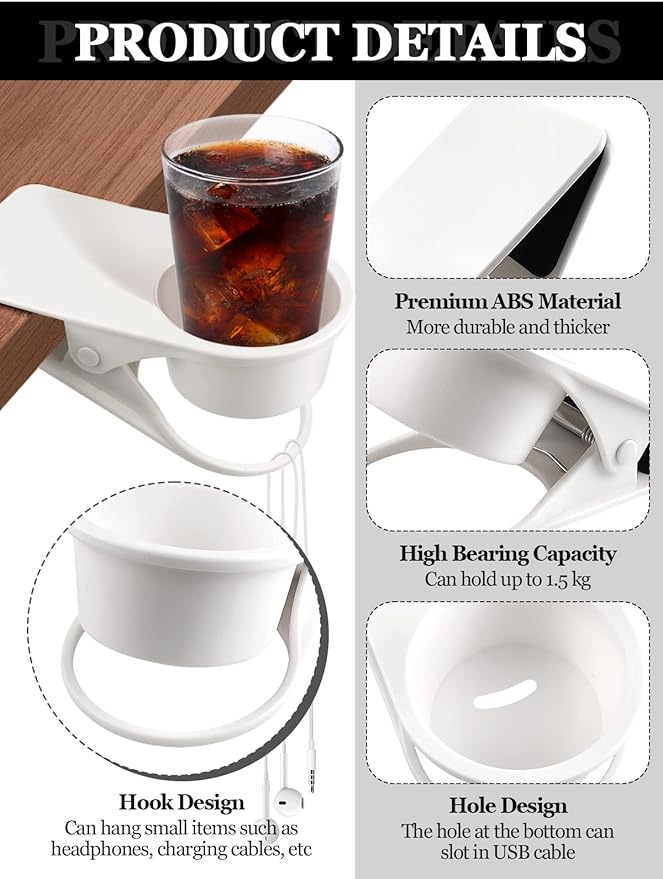 Kalolary Drinking Cup Holder Clip- Chair and Table Bottle Cup Stand DIY Glass Clamp Storage Saucer Clip Water Coffee Mug Holder Saucer Clip Design for Home & Office, White