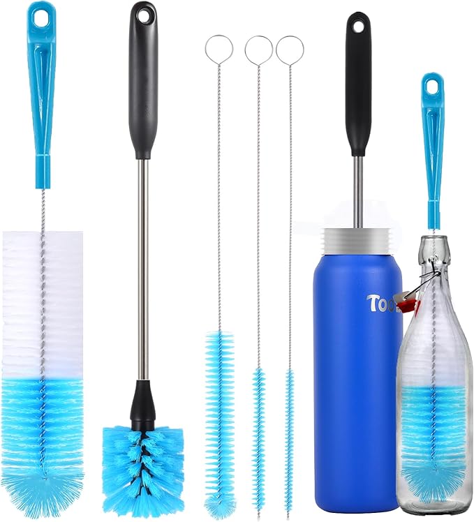 5 Pack Bottle Cleaner Brush, Straw Cleaner Brush & Long Handle - Water Bottle Brush for Narrow Bottles, Baby Bottles, Mugs, Flasks, Wine Decanters, Coffee Cups - Includes 3 Straw Cleaners