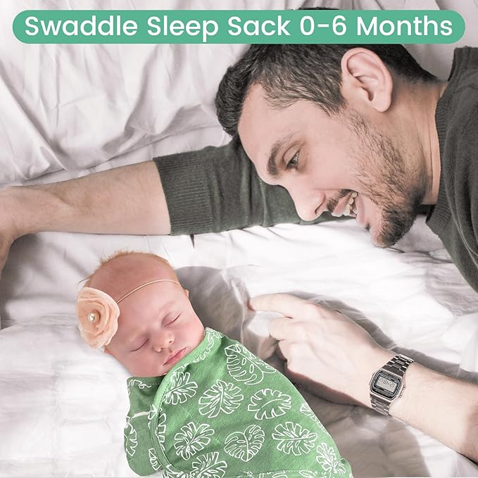 david's kids 100% Cotton 3 Pack Baby Swaddle Wrap for 0-3 Months, Soft Breathable Swaddle Blanket for Newborn Infant, Adjustable Baby Wrap Sleep Sacks for Boys Girls, Newborn Essentials, Leaf