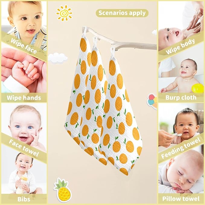 vvfelixl Baby Washcloths Cotton Cartoon Oranges Baby Muslin Washcloths Soft Baby Face Towel for Newborn Infants Baby Wipes, 11.8 X 11.8 Inch, 5 Pack White