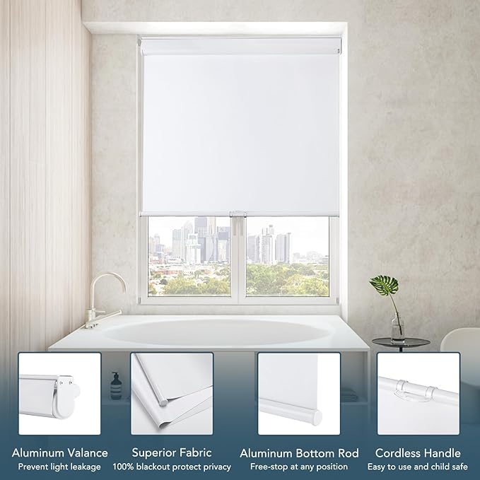 Roller Window Shades Free-Stop Cordless Blackout Blinds, Thermal Insulated Pull Down Shades for Windows, UV Protection Fabric Roller Blinds for Home Office (49.5" Wx72 H, White)