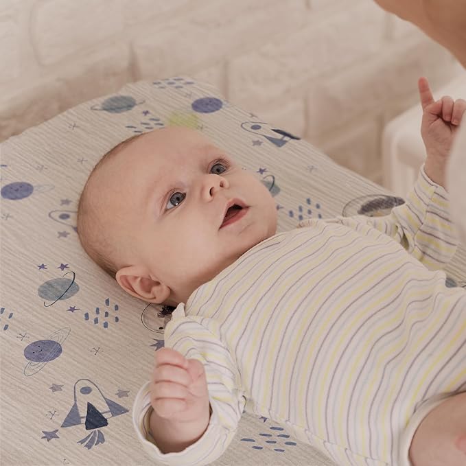 Gllquen Baby Muslin Bassinet Sheets 3 Pack, Breathable Elastic Cozy Fitted Cotton Bassinet Mattress Sheet for Baby Boy Girls, Fit for Hourglass Oval Rectangular Cradle Pad Sheets 33"x17" (Space)
