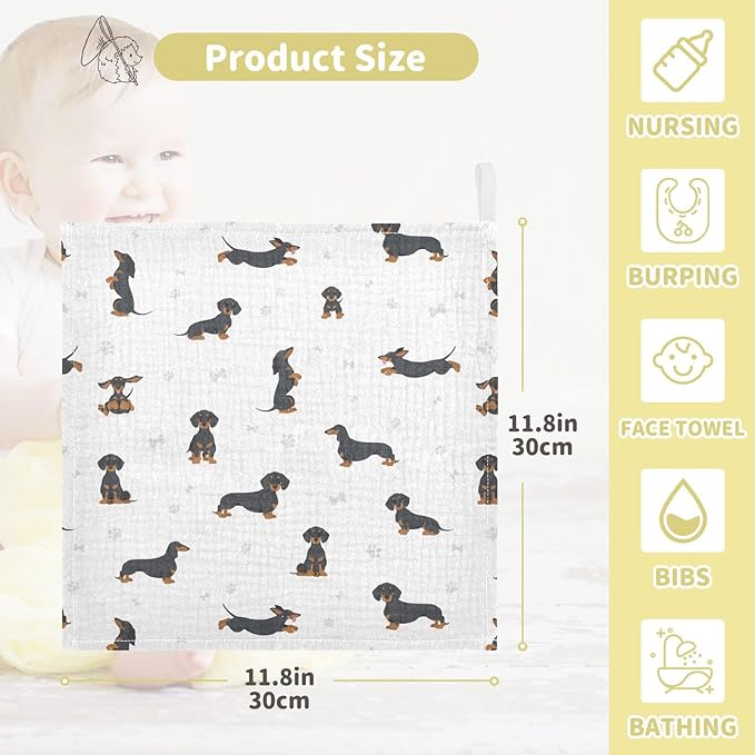 vvfelixl Baby Cotton Washcloths Black Dachshund Infants Bath Towel for Unisex Face Towels for Newborn, Natural Baby Wipes Delicate Skin, 11.8 X 11.8 inch, one sizex5
