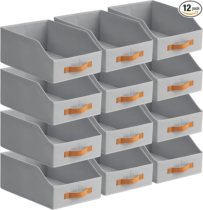 Fabric Storage Bins for Organizing - 12 Pack Large Trapezoid Collapsible Storage Bins with Front Handle, Closet Organizers and Storage for Bedroom, Home Shelves, Small Spaces, Grey