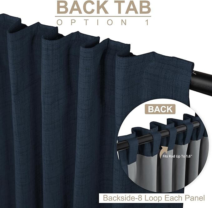 100% Blackout Shield Linen Blackout Curtains for Bedroom 90 Inches Long, Back Tab/Rod Pocket Living Room Drapes, Thermal Insulated Blackout Curtains 2 Panels Set, 50" W x 90" L, Navy