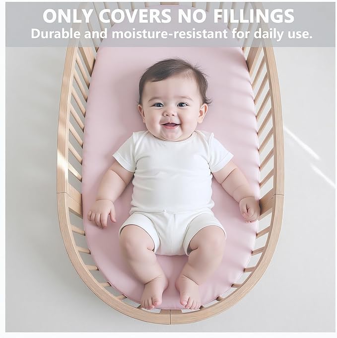 Vegan Leather Bassinet Sheets for Baby, Waterproof Wipeable, Extra Thick & PortableFit for Hourglass Oval Rectangular Cradle Pad Sheets, Standard Cradle Safe Sheets for Baby Boys Girls 32"x16"(Pink)