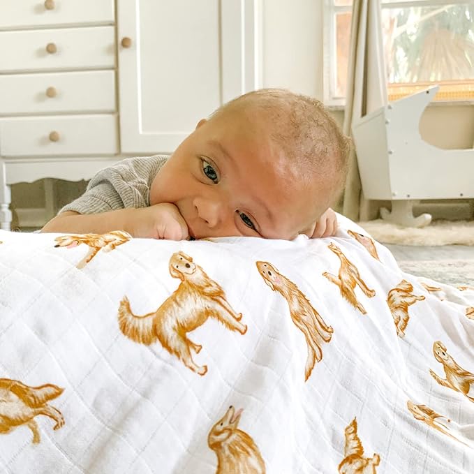 LifeTree Muslin Swaddle Blankets, 70% Viscose from Bamboo and 30% Cotton Baby Swaddle Blankets Unisex Swaddling Blanket for Newborn, Soft Large 47" x 47", Golden Retriever Baby Blanket
