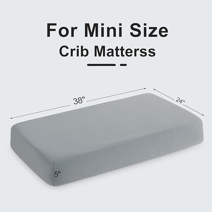 NTBAY 2 Pack Muslin Cotton Mini Crib Sheets, Soft and Breathable Double Layer 24x38 Baby Crib Sheets for Mini Crib and Toddler Mattresses, Boys, Girls, Unisex, Grey, 24x38 Inches