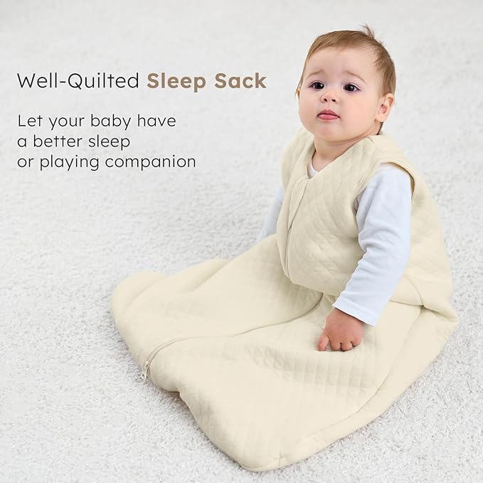 FIEMOL Baby Sleep Sack 6-12 Months 2.5 TOG, Winter Cotton Sleeping Sack Newborn and Infant, Warm Quilted Baby Wearable Blanket, Sleeping Bag with 2-Way Zipper Beige 1 Pack