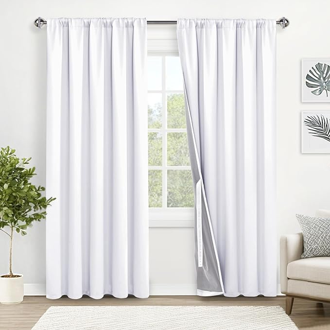 XWZO Total Blackout Curtains 84 Inches Long - Double Layer Full Room Darkening & Energy Efficiency Rod Pocket & Back Tab Extra Wide Window Panels with Tiebacks, White, W60 x L84, Set of 2