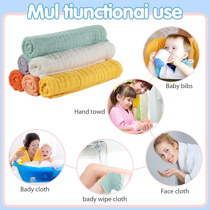Hicarer 6 Count Muslin Burp Cloths Cotton Baby Burping Rags Large 20 x 10 Inch 6 Layers Spit up Rags Soft Absorbent Multicolor Wash Cloths Diapers for Newborn Baby Girl Boy(Warm Color Series)