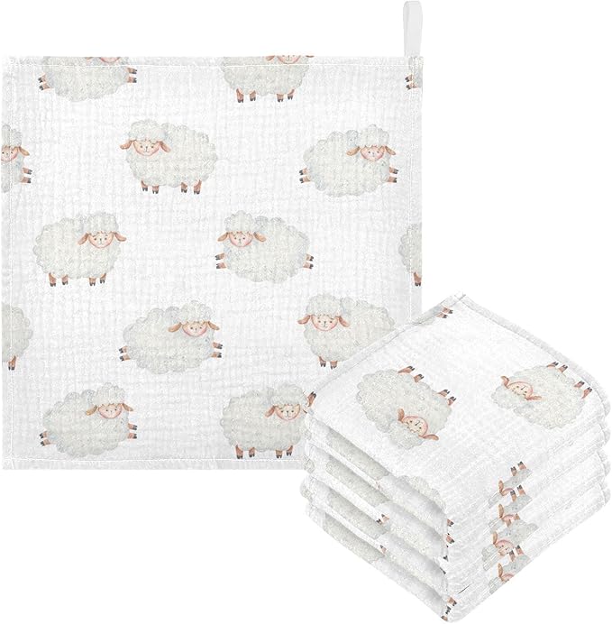 vvfelixl Baby Washcloths Cotton Cute Curly Lamb Muslin Count Sheep Soft Face Towel for Newborn Infants Wipes, 11.8 X 11.8 Inch, 5 Pack White