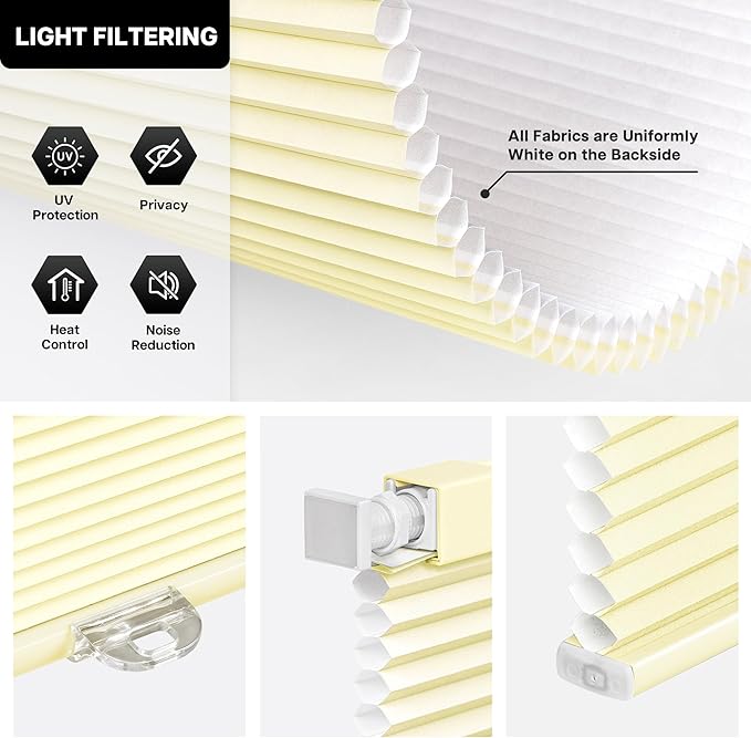 LazBlinds Cordless Cellular Shades, No Tools No Drill Light Filtering Honeycomb Shades Pleated Blinds for Windows, 42'' W x 64'' H, Alabaster