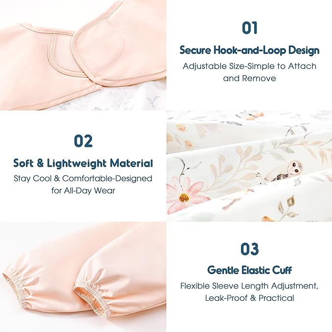 GRSSDER 2 Pack Long Sleeve Baby Feeding Bibs, Super Soft Lightweight Waterproof Coverall Baby Led Weaning Bib with Large Food Catcher Pocket, Adjustable and Easy Clean for 6-30 Months