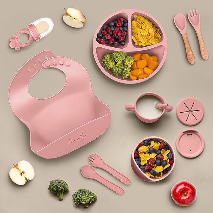 Silicone Baby Feeding Set, 10 Pcs Baby Led Weaning Supplies | BPA-Free Baby Dishes with Toddler Plates and Bowls Set, Silicone Bib, Suction Cup, Baby Spoons & Forks | Empower Independence – Pink