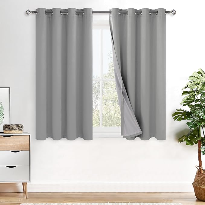 XWZO Full Shading Blackout Curtains 54 Inches Length with Tiebacks- Heat and Light Blocking Ring Top Window Drapes with Black Liner Backing for Bedroom/Kid's Room, Light Grey, W52 x L54, Set of 2