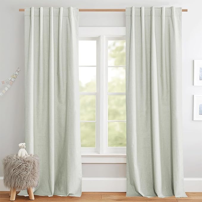 NICETOWN Sage Green Linen 100% Blackout Curtains 120" Length with Thermal Insulated Liners, Farmhouse Style Extra Long Window Draperies for Patio Sliding Glass Door (2 Panels, 52" W)