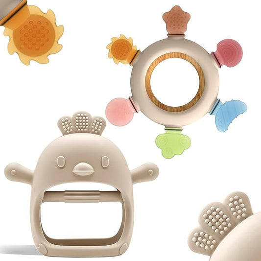 2 Pack Baby Teething Toys for 0-6 & 6-12 Months, Food Grade Silicone Teething Mitten No Drop Teether and Ring Teether, BPA Free, One-Piece, CPC Certified Baby Chew Toys for Sucking Needs
