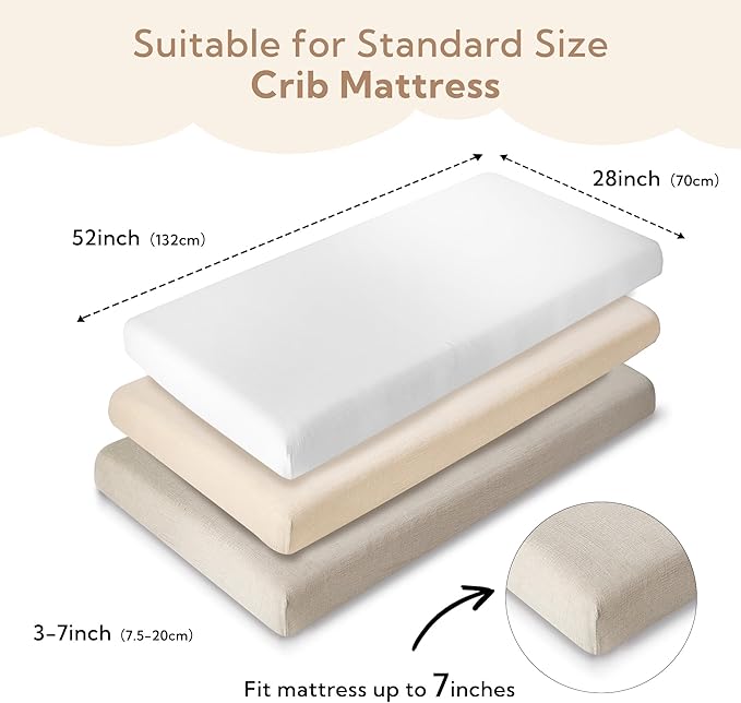 SOULFUL Muslin Crib Sheets for Boys Girls, 2 Pack Soft and Breathable Cotton Fitted Crib Sheets for Standard Crib Mattress (28"x 52", White & Beige & Light Tan)