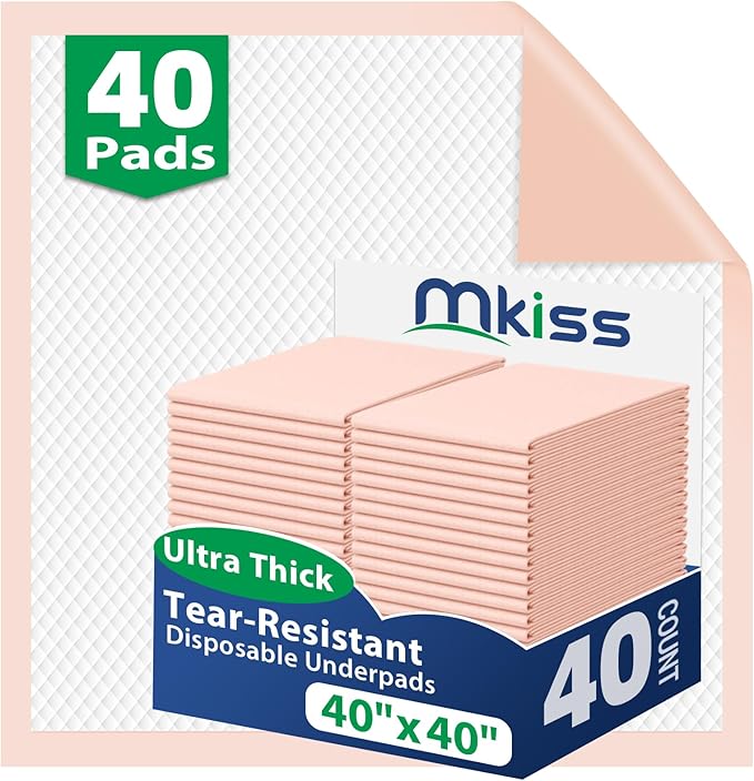 MKISS Tear-Resistant Bed Pads 40" x 40"(40 Count), Disposable Super Absorbent Incontinence Underpads, Extra Large and Thicken Chucks Pads for Adults, Children, Babies, Elderly and Pets