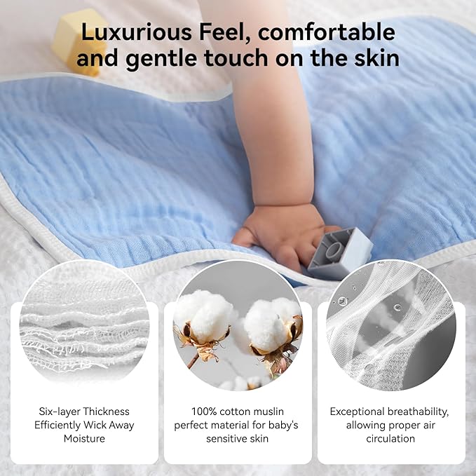 Synrroe Muslin Burp Cloths Large 20 by 10 Inches 100% Cotton 6 Layers Extra Absorbent and Soft 4 Pack Blue