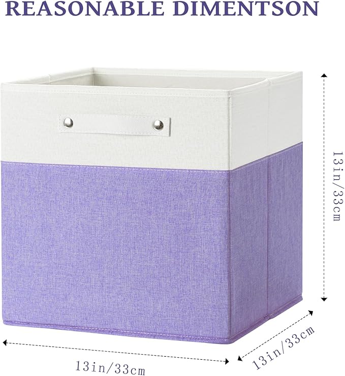 13 x 13 Inch Fine Linen Storage Bins with Handles，Fabric Cube Boxs，Basket Organizers for Shelves for Home, Closet Drawers (White/Purple-6 Pack)