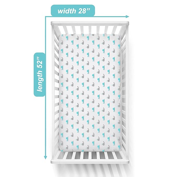 American Baby Company 4 Pack Fitted Crib Sheets 28" x 52", Soft Breathable Neutral 100% Cotton Jersey Sheet, Gray Zigzag/Aqua Whale/Gray/White, for Boys and Girls, Fits Crib and Toddler Bed mattresses